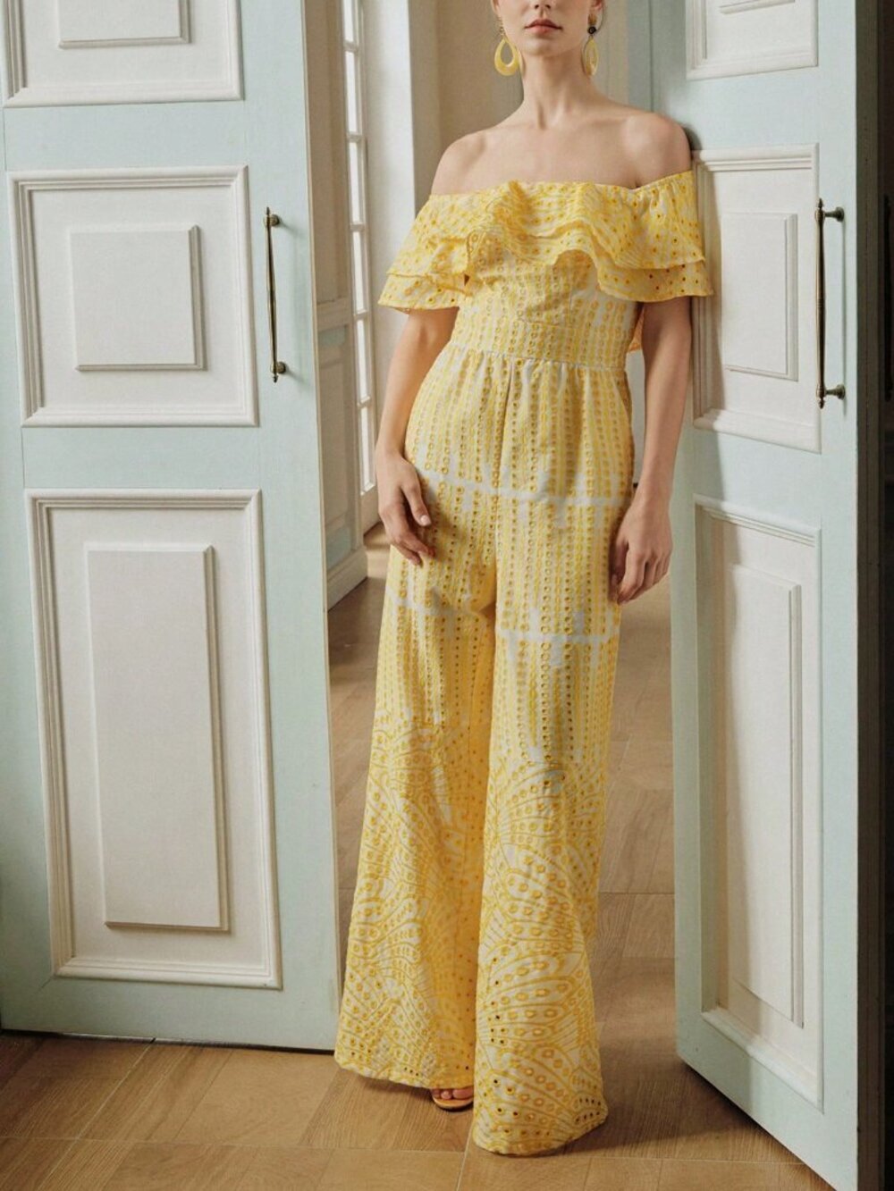 Yellow Party Women's embroidered off shoulder jumpsuit